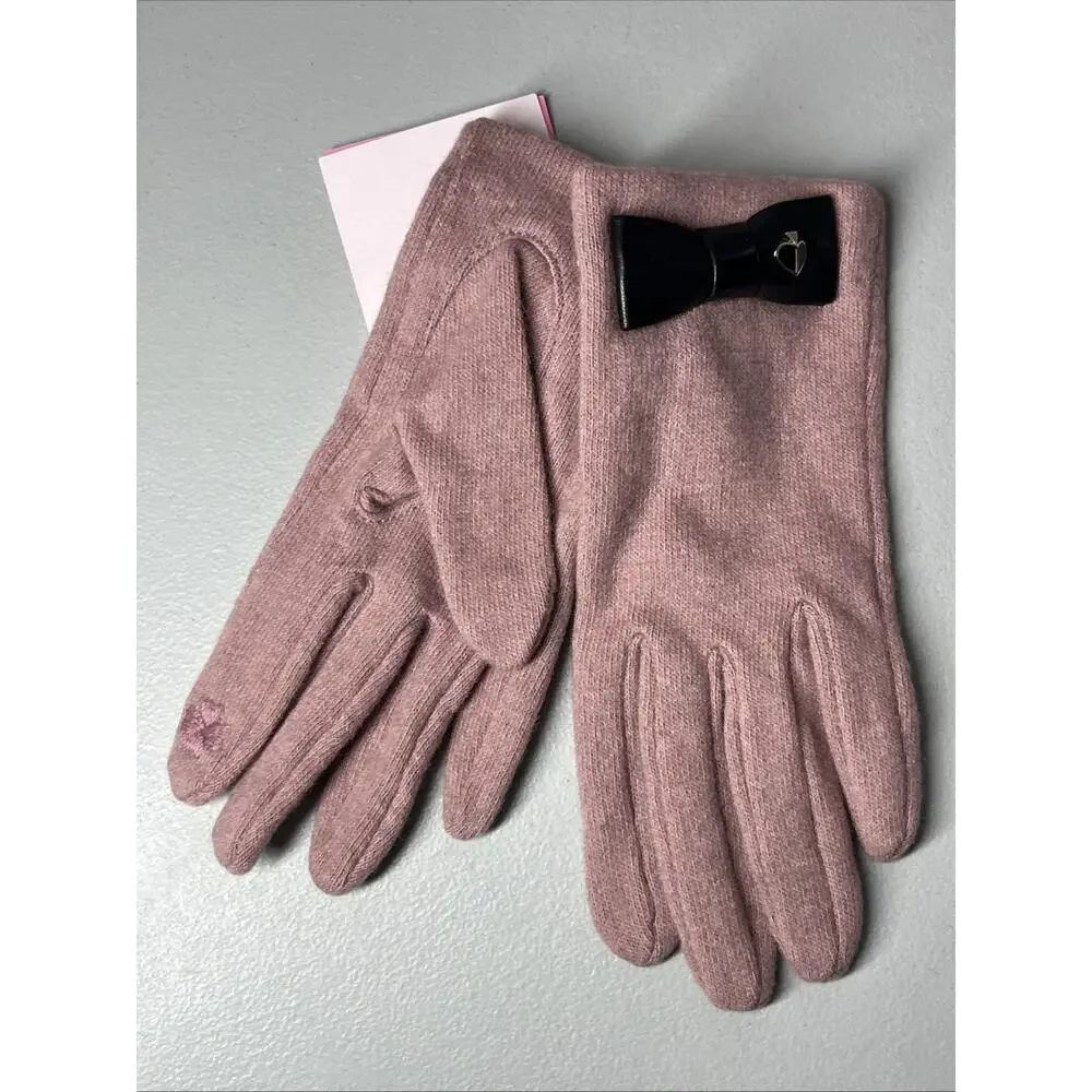 Kate Spade Half Bow Wool Knit Gloves Womens Small Pink Black Lightweight Logo